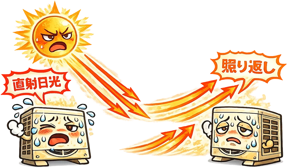 直射日光と照り返しによる熱ストレスのイラスト